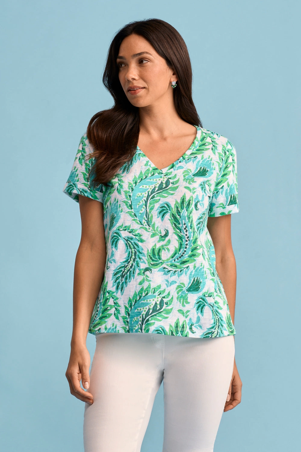 Sun Protective Fabric Print V-Neck T-Shirt - Fern