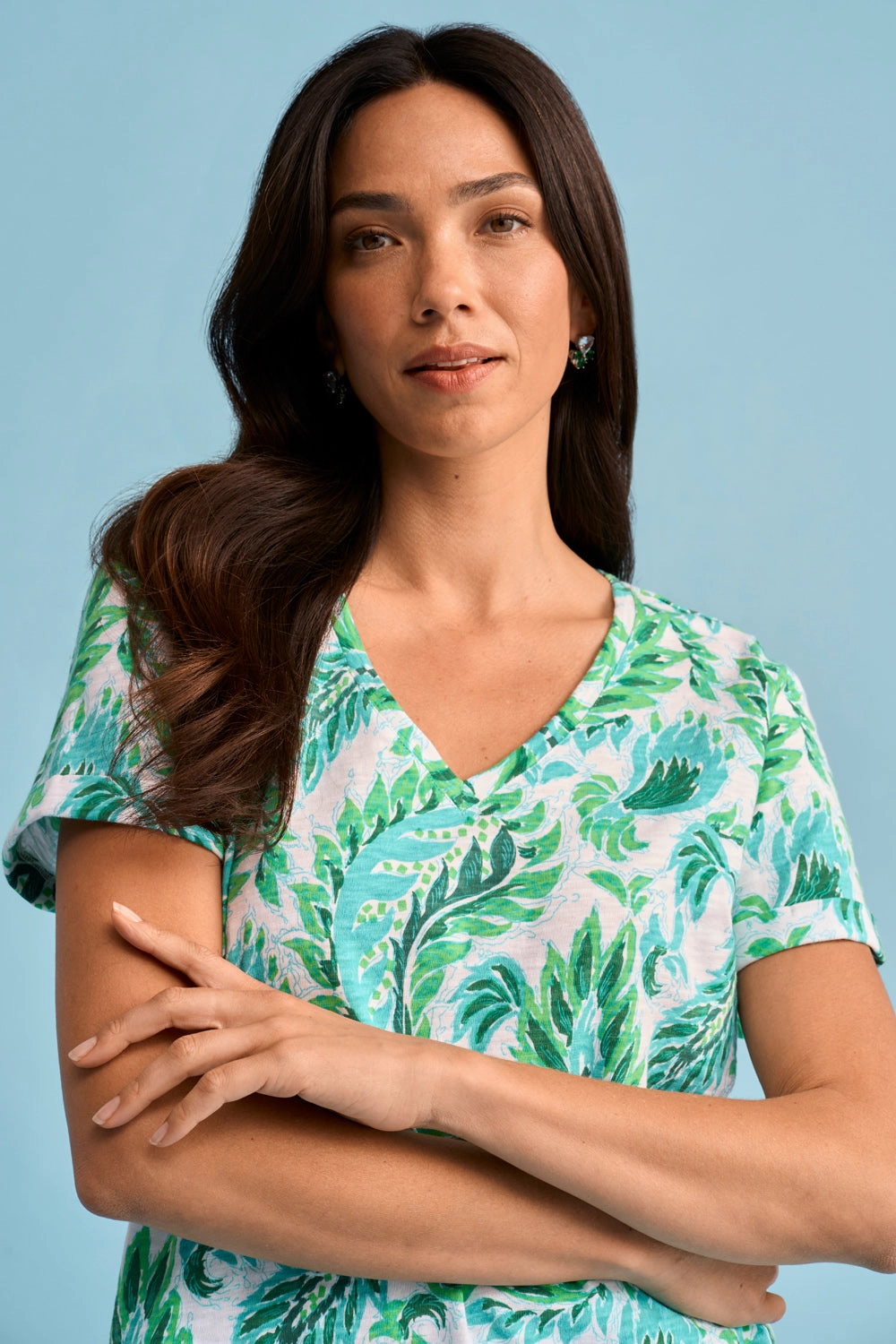 Structured Shoulder Print V-Neck T-Shirt - Fern