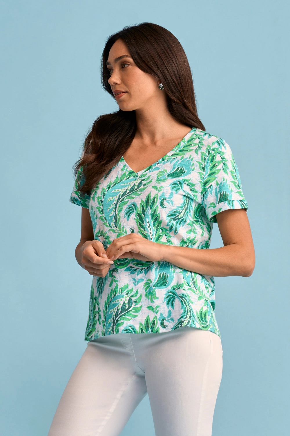 Print V-Neck T-Shirt - Fern ReinforcedShoulders Comfortable Wear