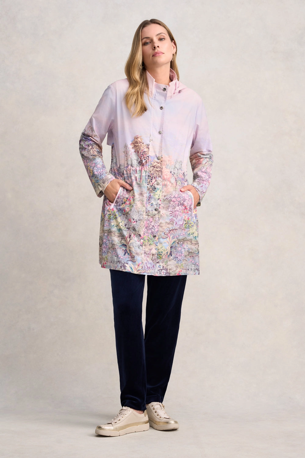 Packable Spray Jacket - Scenic Sunset Print Adjustable Hem Cords NonIrritatingSeams