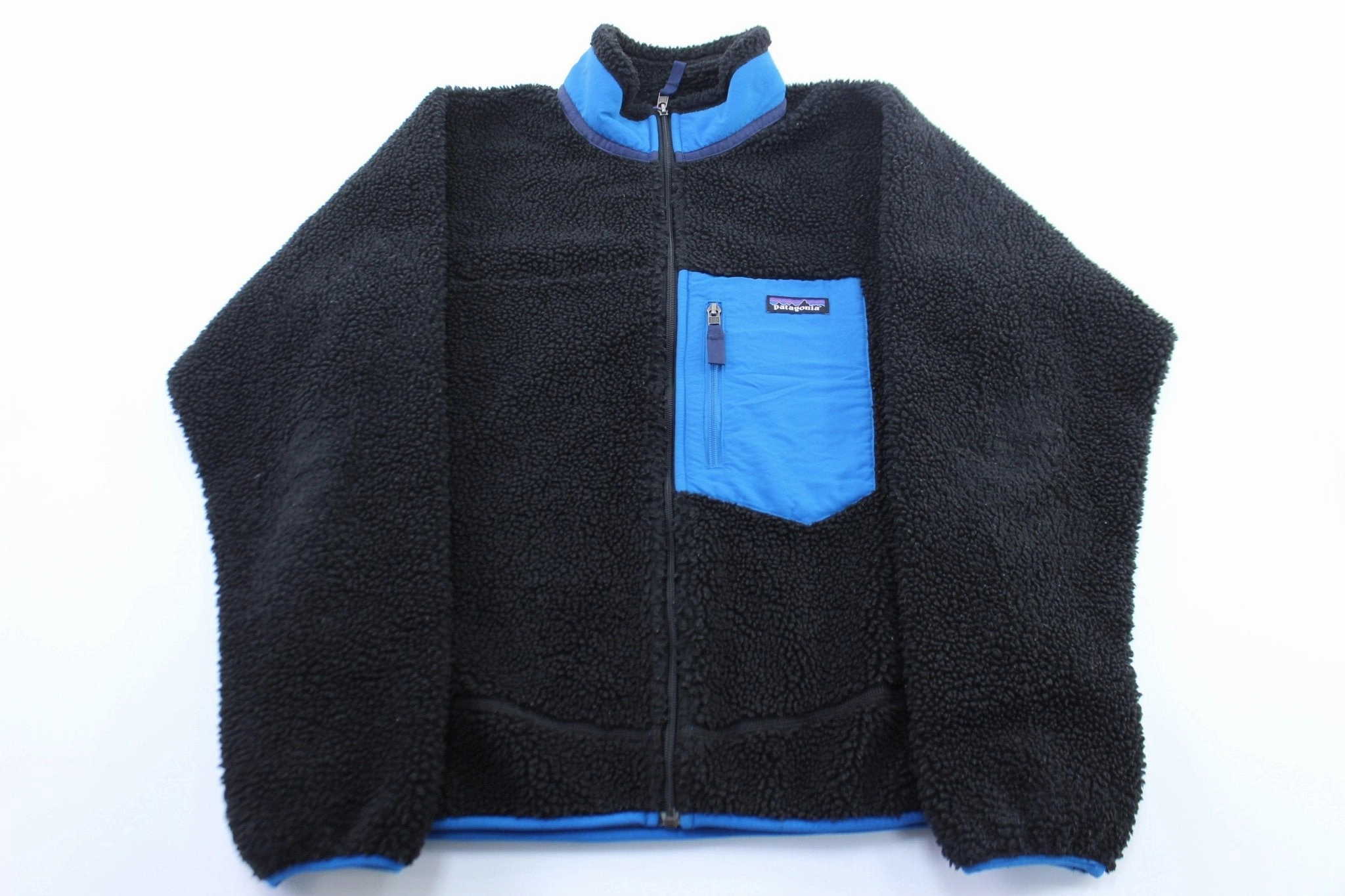 Patagonia Logo Patch Blue & Black Fleece Zip Up Jacket Reflective Safety Details