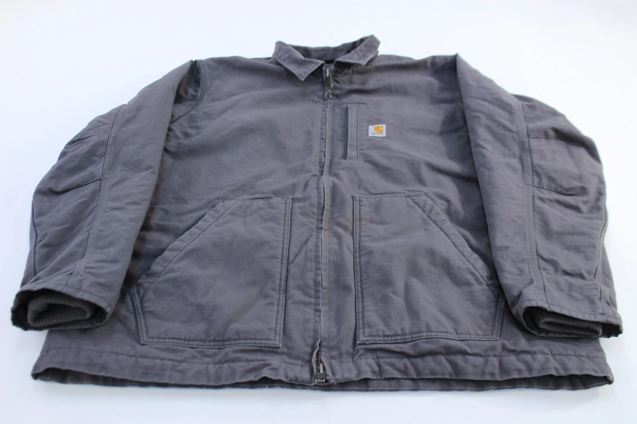 Carhartt Logo Patch Grey Loose Fit Zip Up Jacket Motion Friendly Camping Trip