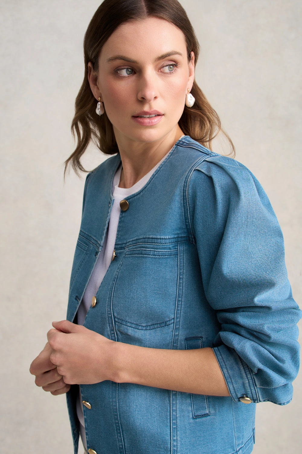 Erasable Stains Treatment Noise Free Fabric Puff Sleeve Denim Jacket- Mid Denim Blue