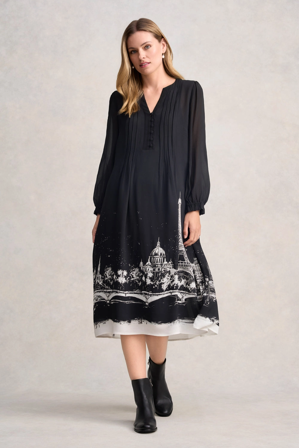 Printed-Lining Smooth Surface Pintuck Dress - Eiffel Border Print