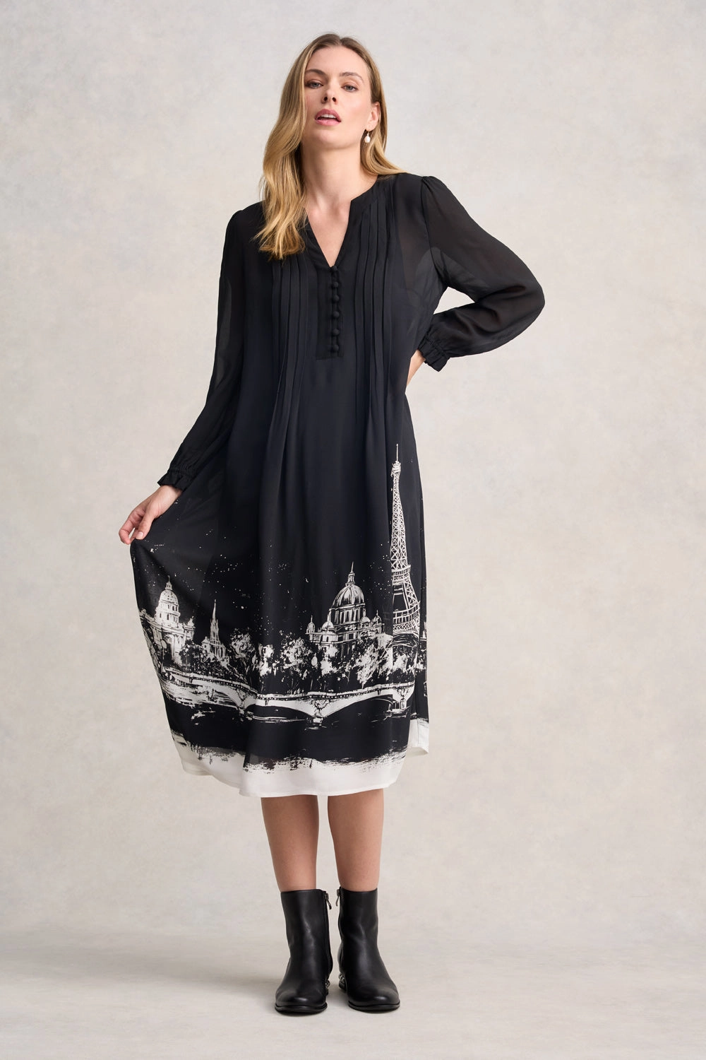 V Neckline Pintuck Dress - Eiffel Border Print