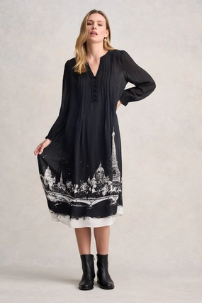 V Neckline Pintuck Dress - Eiffel Border Print