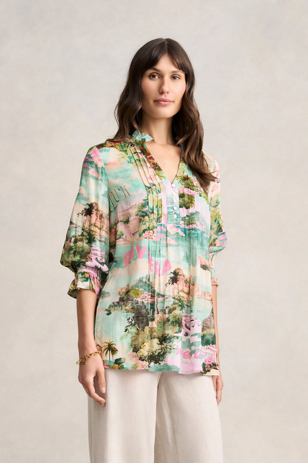Pleat Front Kaftan - Holiday Print Non Chafing Side Seams LayeredNeckline