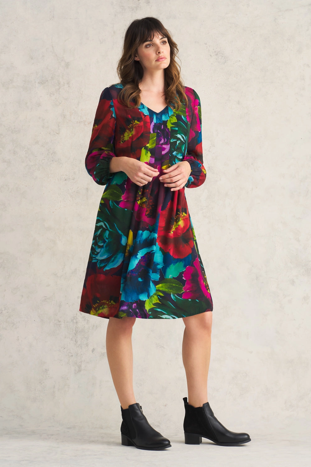Pleated Georgette Dress - Oversized Floral Travel-Style