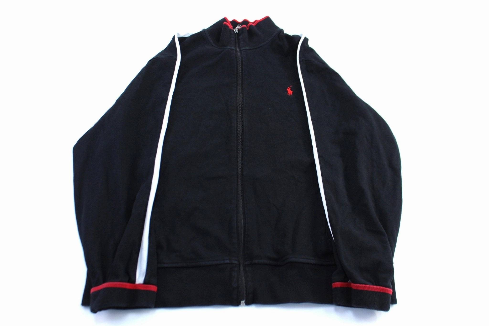 Polo by Ralph Lauren Embroidered Logo Red, Black, & White Zip Up Jacket Temperature Regulating Silicone Grip Trim