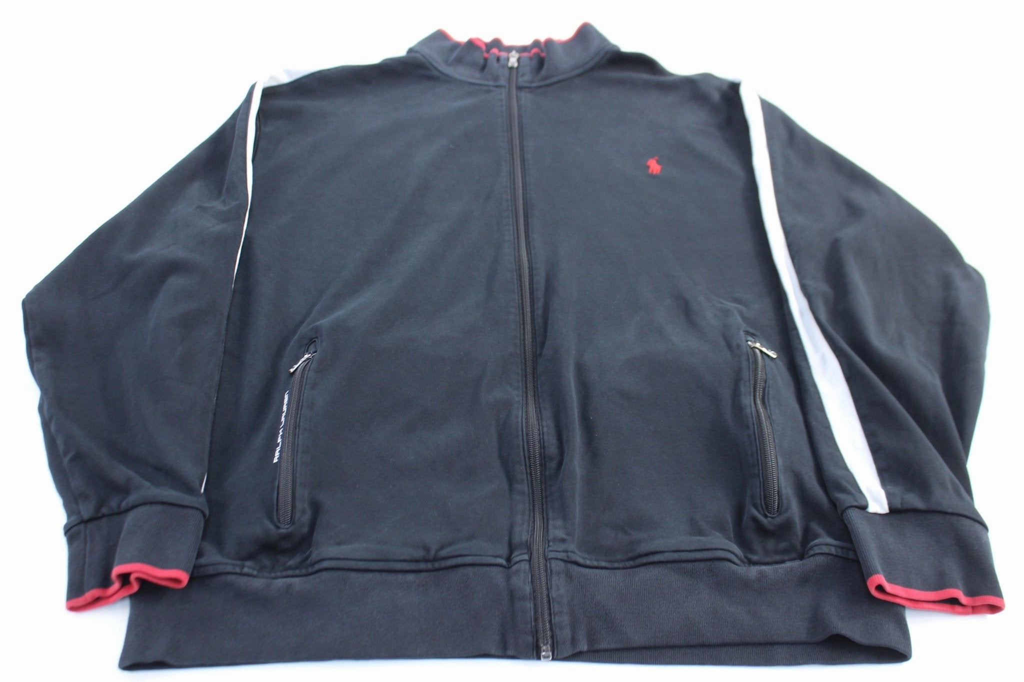 Laser Cut Perforations Polo Ralph Lauren Embroidered Logo Red, Black, & White Zip Up Jacket