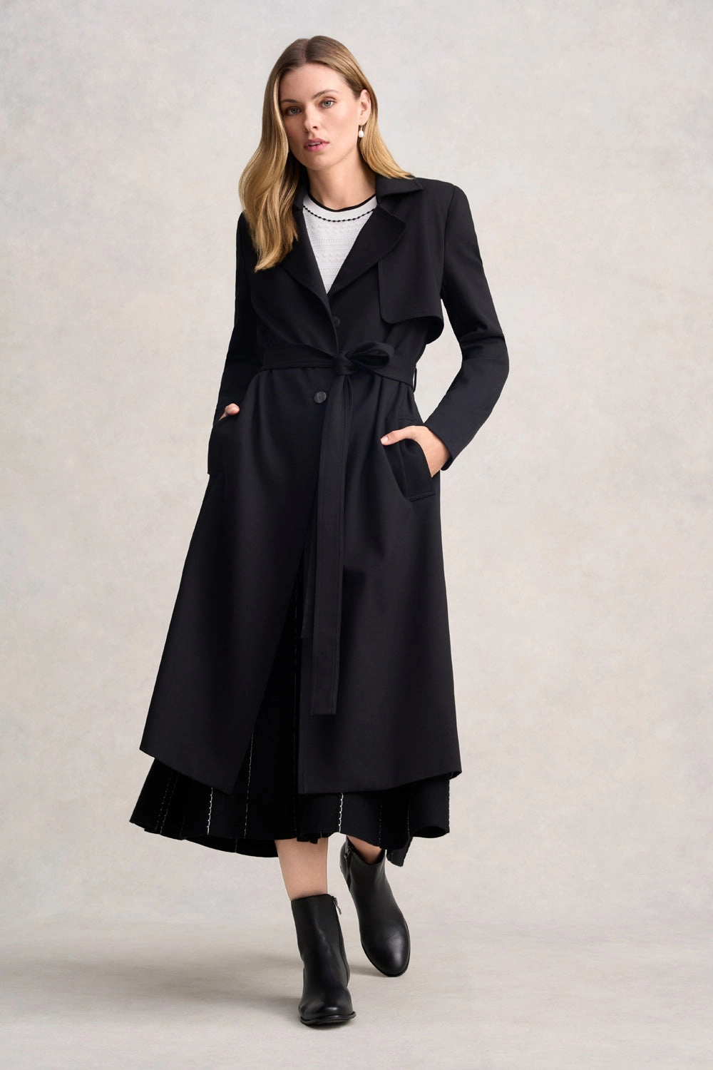Moisture Wicking Inner Layer Flex Fit Fabric Ponte Trench Coat - Black