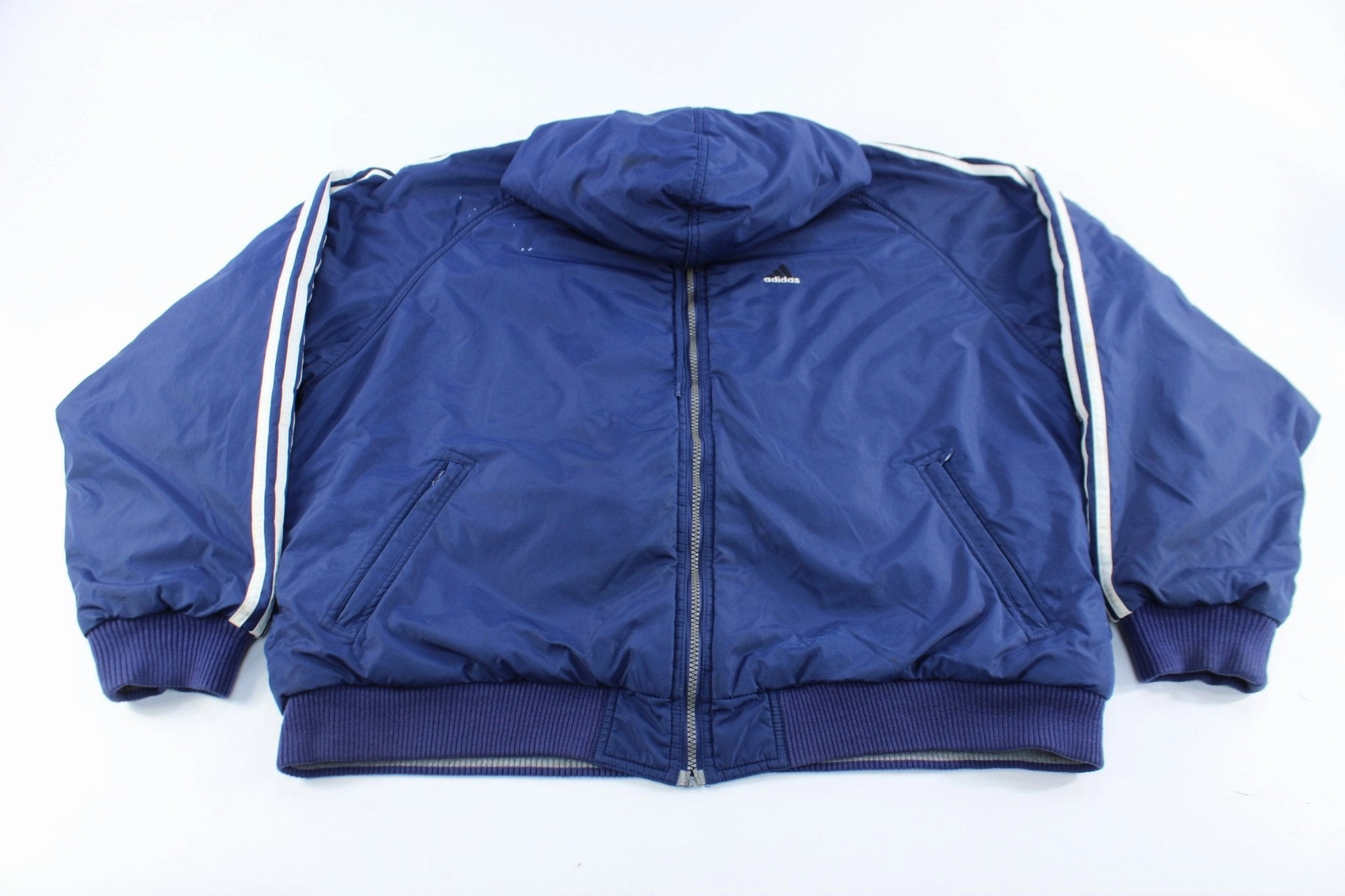 Adidas Embroidered Logo Navy Blue & White Striped Reversible Zip Up Jacket Relaxed Edge