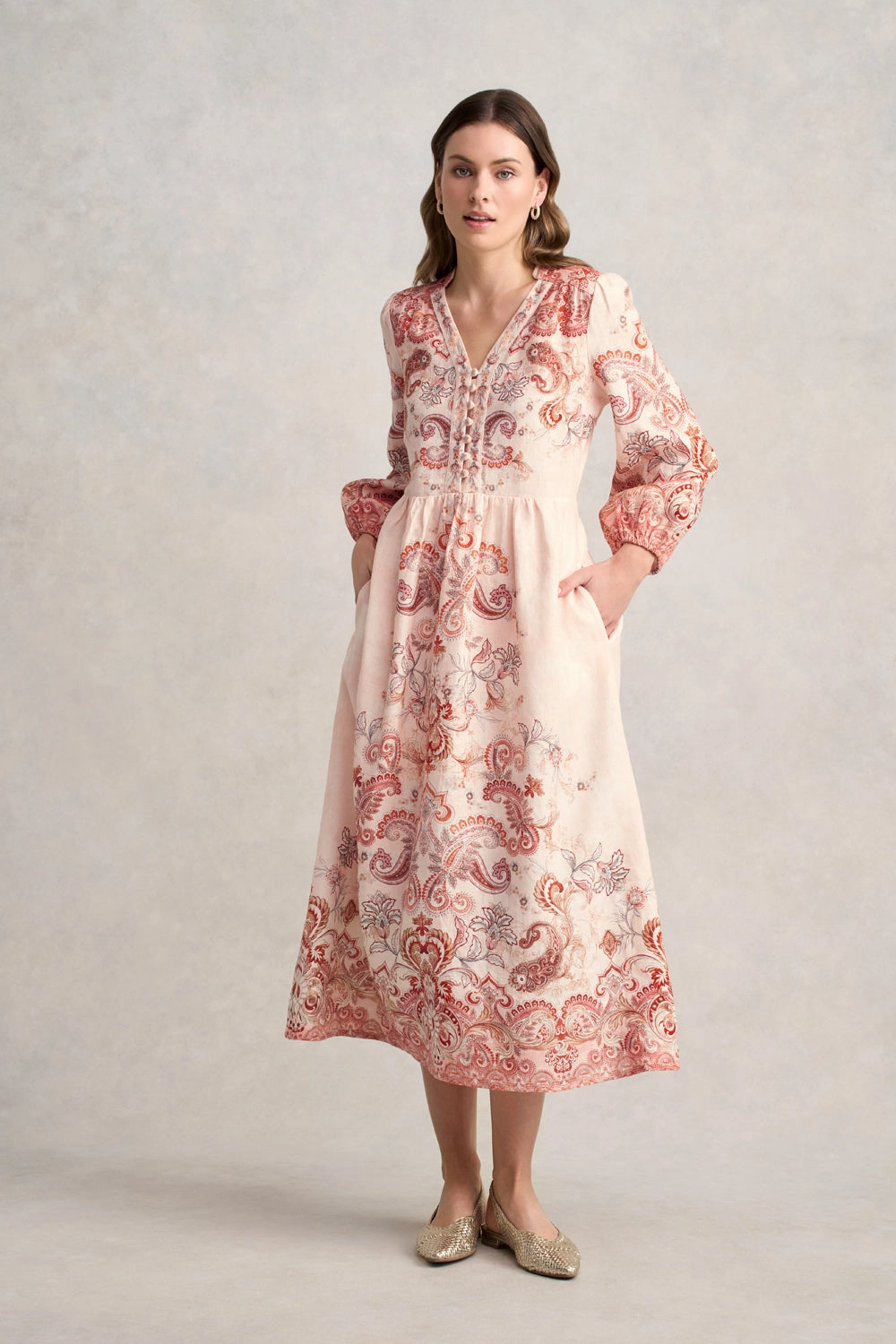 Printed French Linen Dress ?C Peach Paisley Print Perfect Design Modern-style