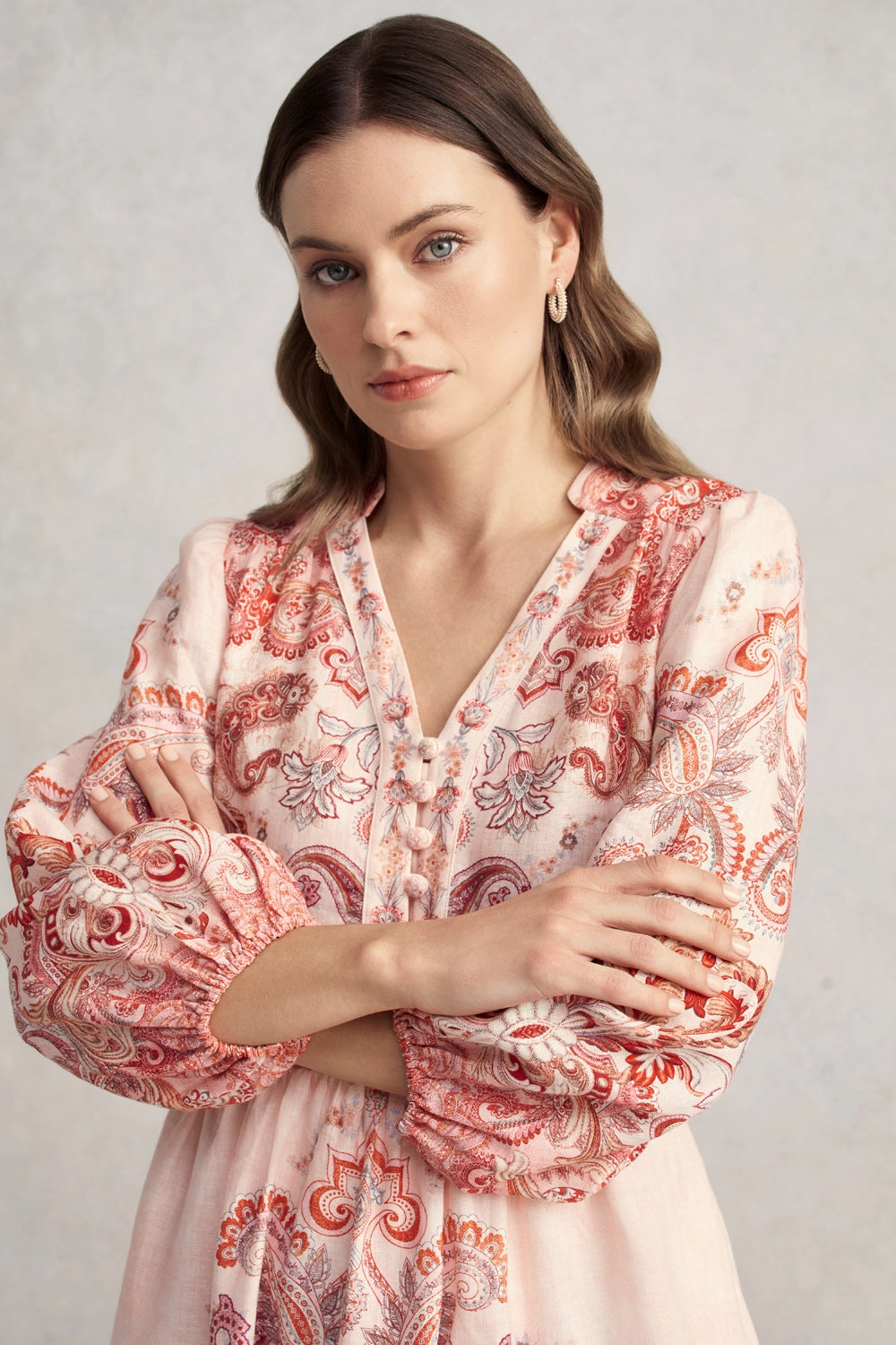 Printed French Linen Dress ?C Peach Paisley Print Relaxed Style Wear Street Flex