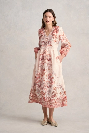Printed French Linen Dress ?C Peach Paisley Print Perfect Design Modern-style