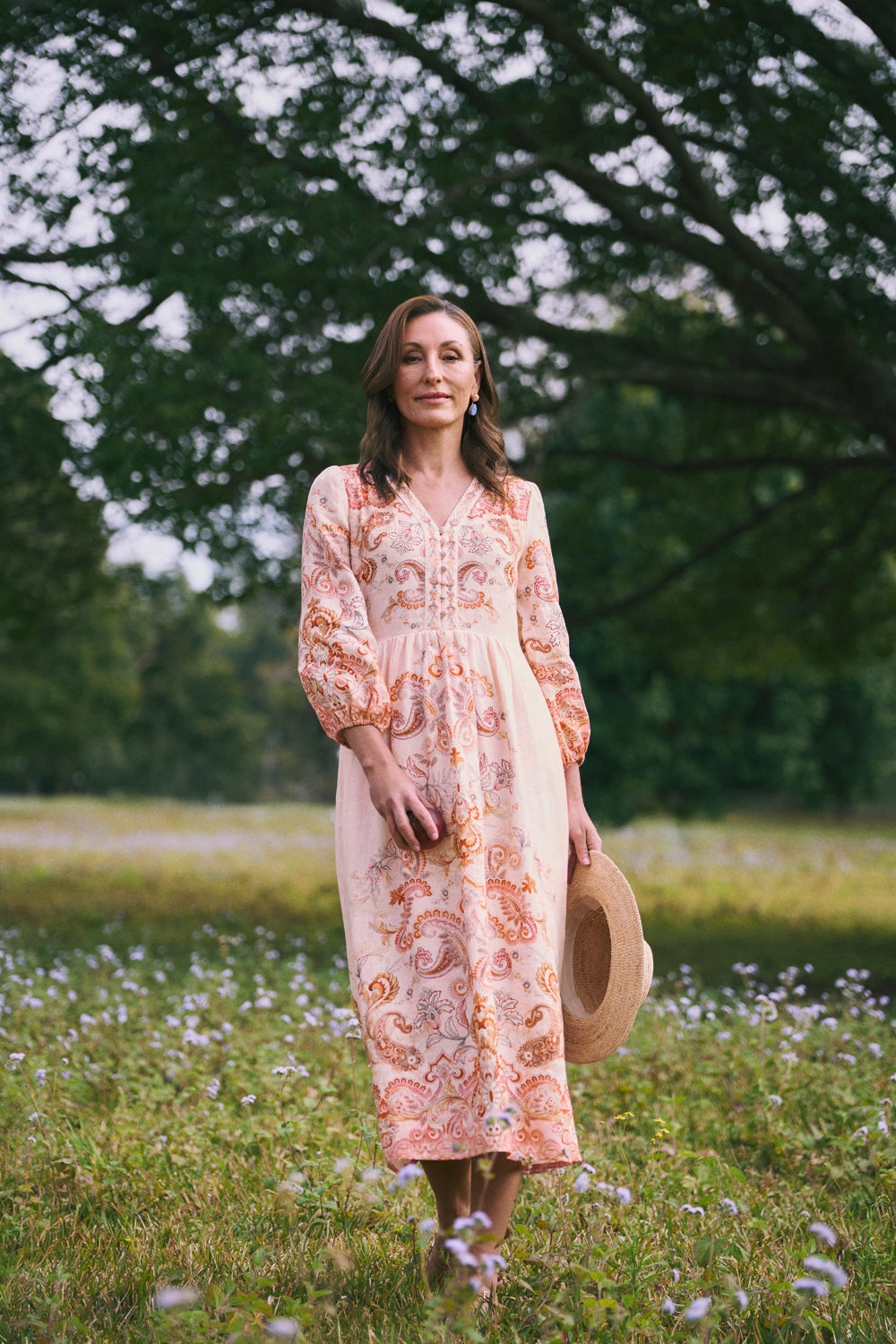Printed French Linen Dress ?C Peach Paisley Print Air Layer