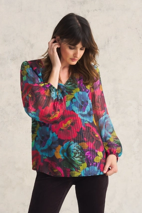 NoTagLabel RelaxedNeckline Printed Lurex Stripe Blouse - Oversized Floral