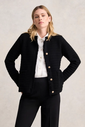 Soft Interior Brushing Snag Free Zipper Technology Tweed Knit Jacket - Black