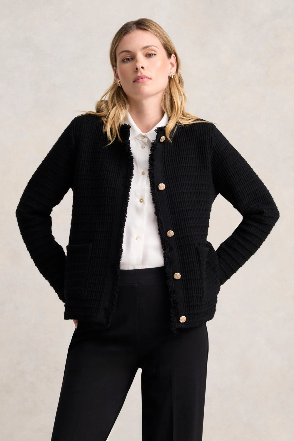 Soft Interior Brushing Snag Free Zipper Technology Tweed Knit Jacket - Black