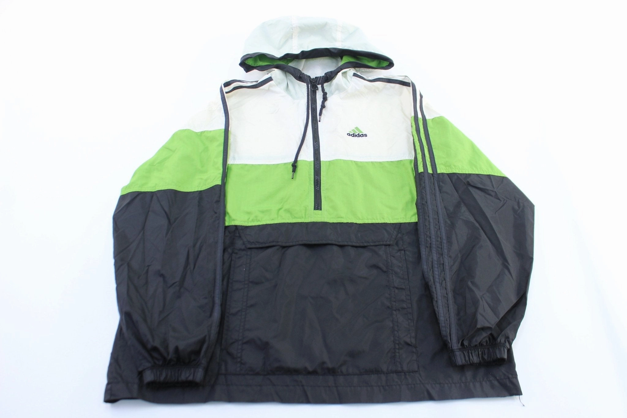 student Ornamental Vintage Adidas Embroidered Logo Black, Green, & White Pullover Jacket