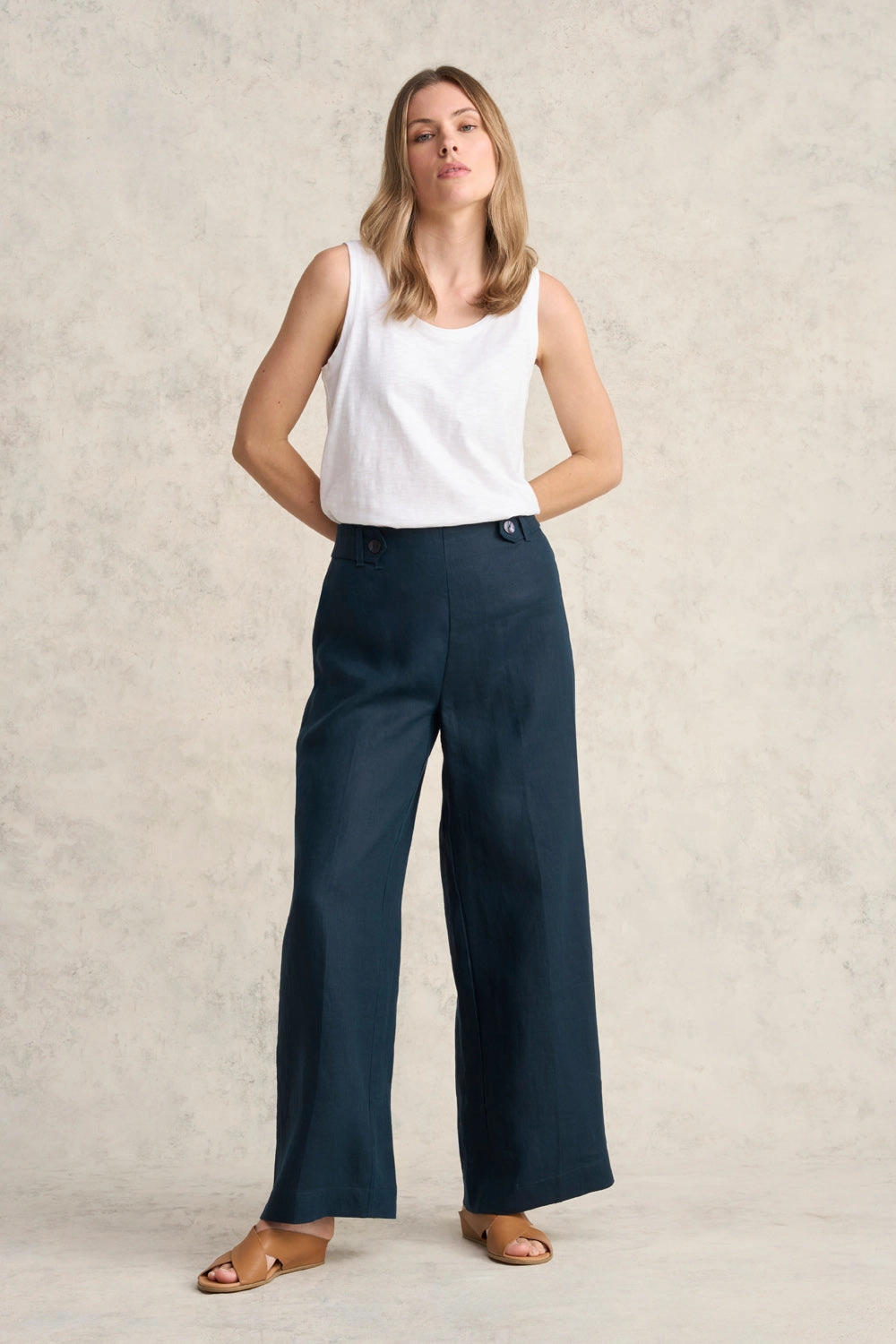 Tailored Silhouette Full Length Waist Tab Linen Pant - Ink