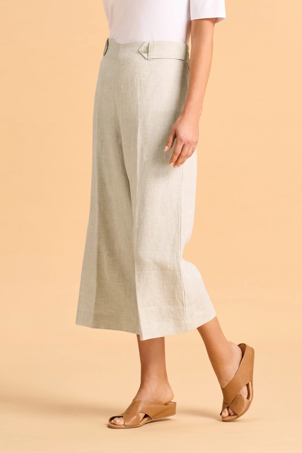 Waist Tab Linen Culotte - Natural Cross Dye Anti Pilling Surface ElasticWaist