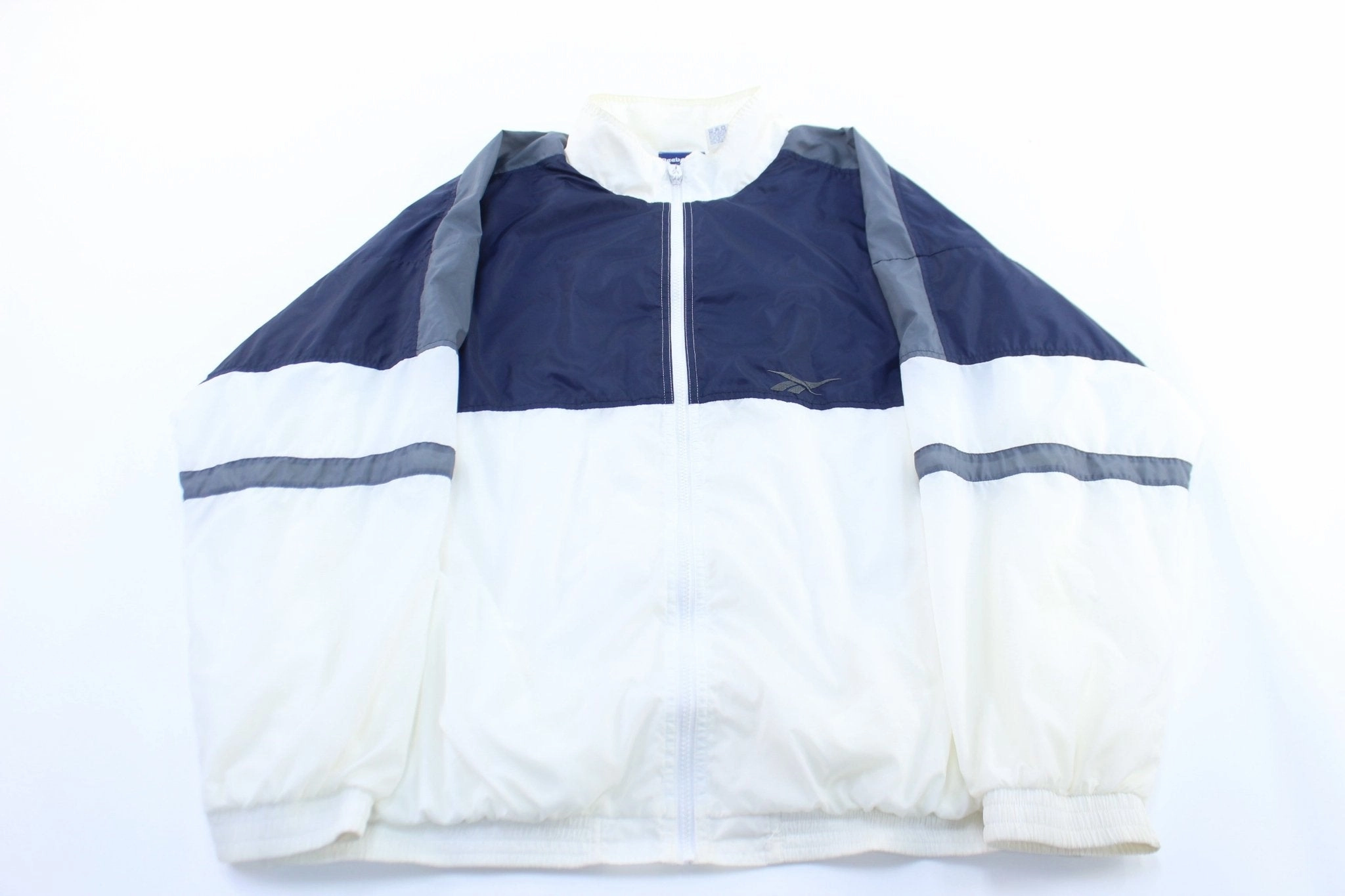 Relaxed Edge Chic Reebok Embroidered Logo Blue & White Windbreaker Jacket