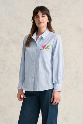 Cotton Seersucker Shirt - Jean Ribbed Hem MoistureWicking Material