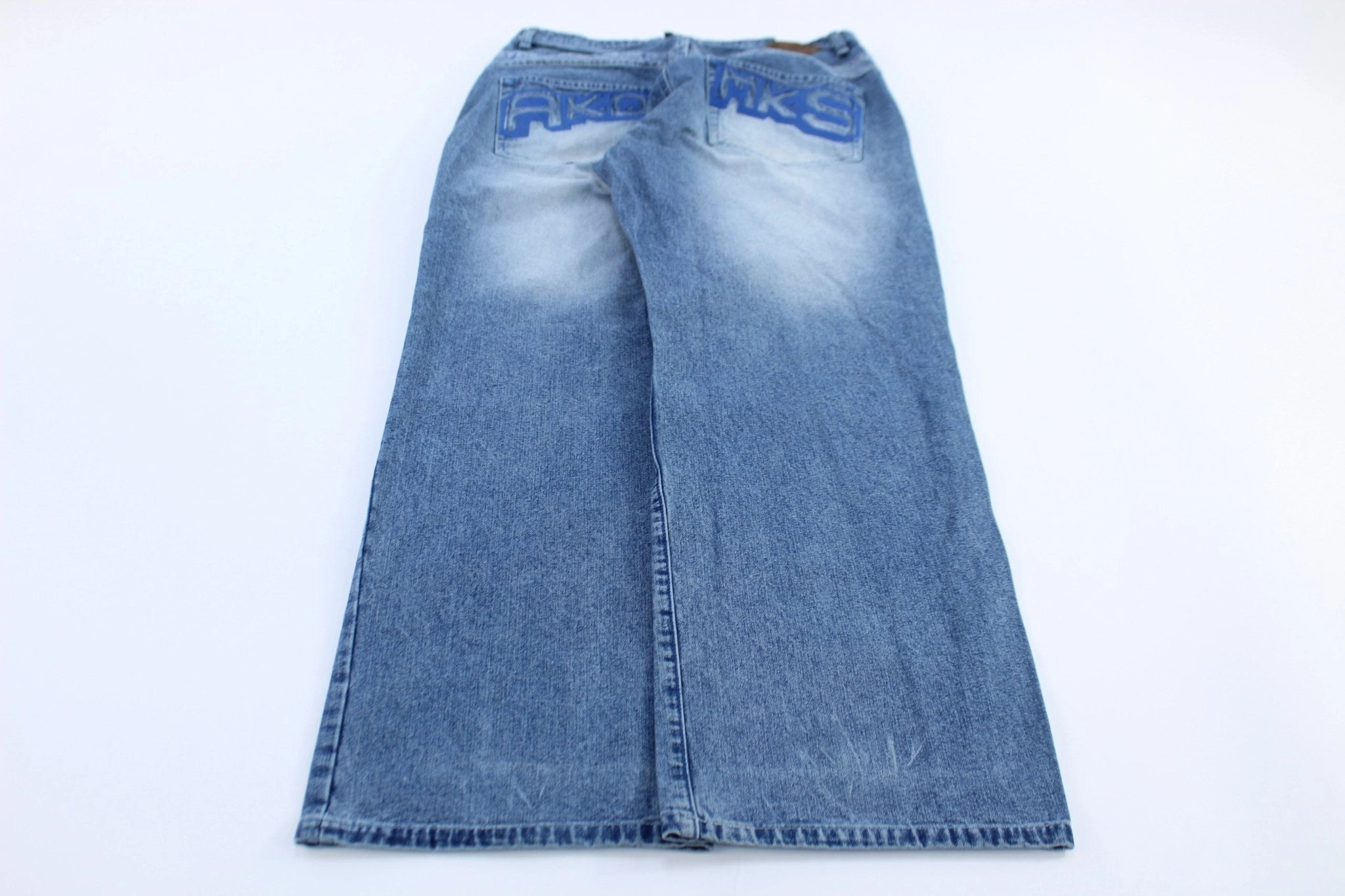 Y2K Akademikz Embroidered Medium Wash Denim Jeans Ripstop Reinforcement FadeResistantTreatment