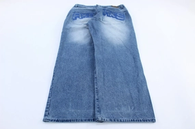 Y2K Akademikz Embroidered Medium Wash Denim Jeans Ripstop Reinforcement FadeResistantTreatment