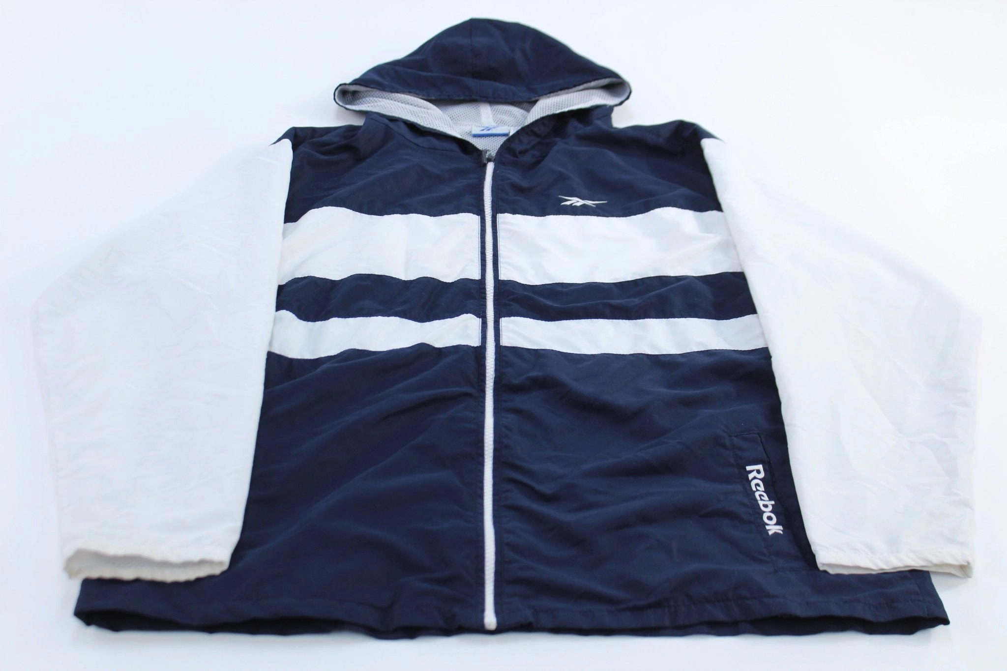 Faux Fur Women's Vintage Reebok Embroidered Logo Blue & White Striped Zip Up Jacket