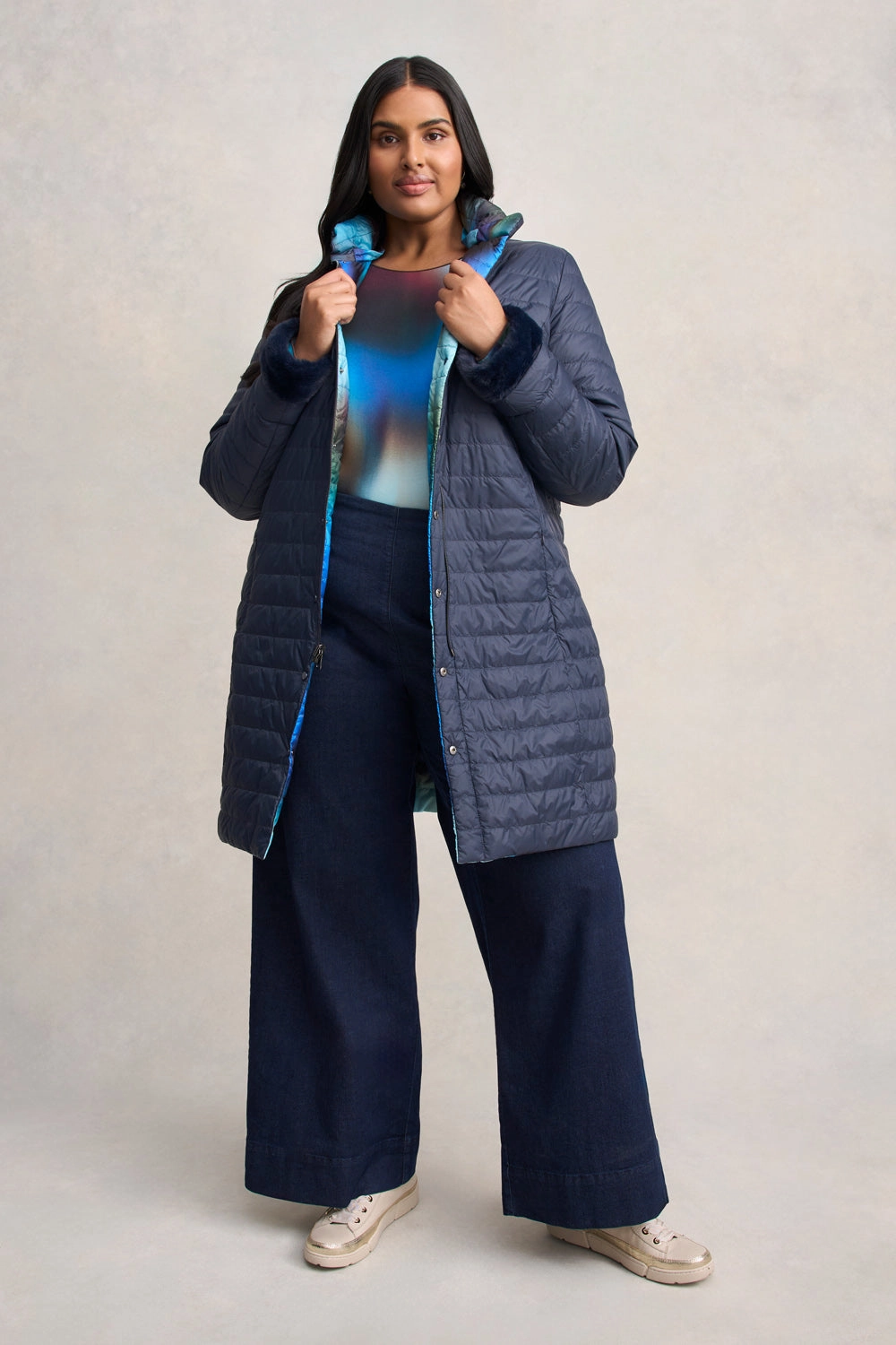 Odor Resistant Fabric Lightweight Shell Reversible Longline Puffer - Ombre Print