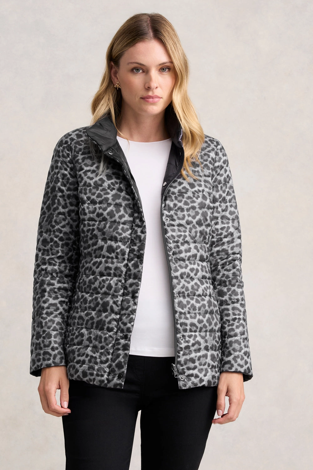Reversible Puffer Jacket - Black Leopard Quilted Pattern