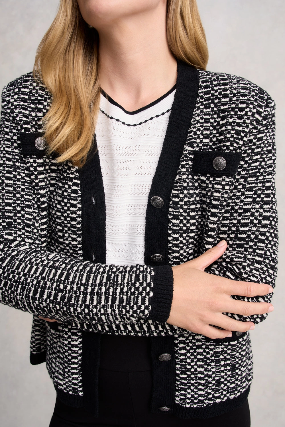 Crisp Walk Look LaserCut Vents Tape Yarn Cardigan - Black Multi