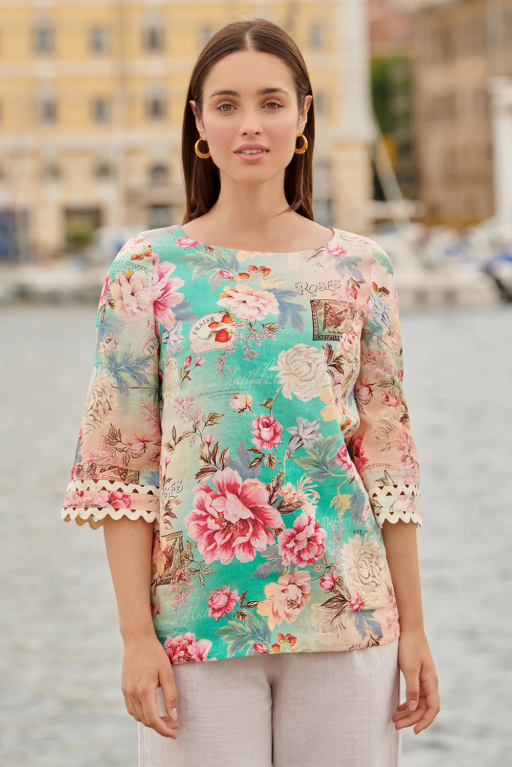 Sustainable Manufacturing RibbedNeckline Linen Cuff Detail Top - French Bouquet Print