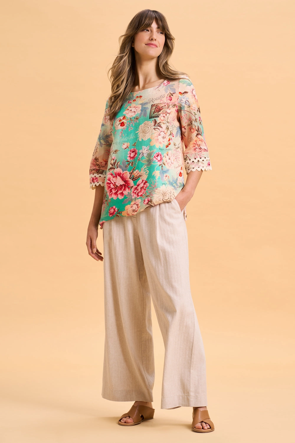 Linen Cuff Detail Top - French Bouquet Print OdorControl LongLastingDurability