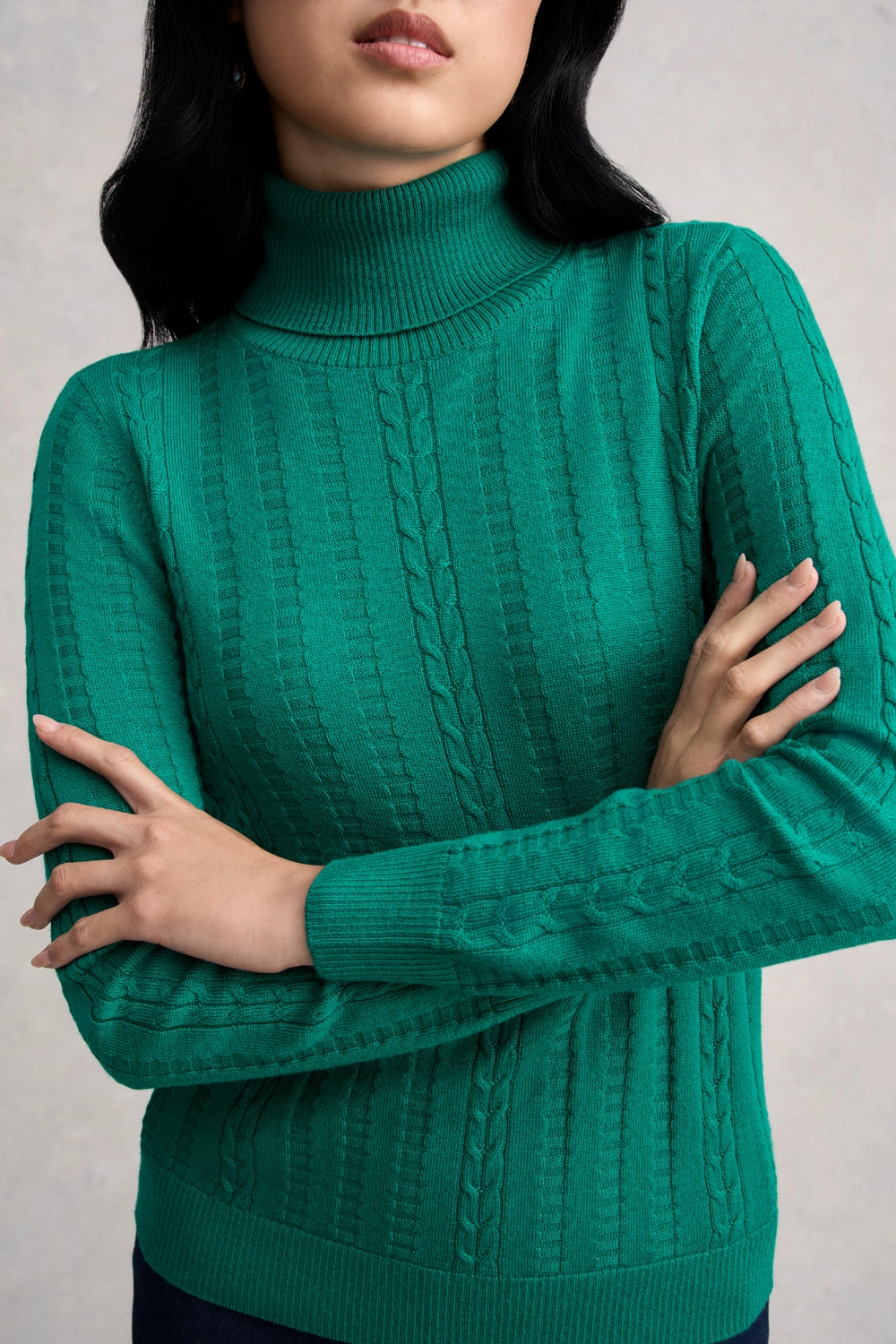 Modern Texture Thermal Lined Cuffs Wool Cable Jumper - Jade