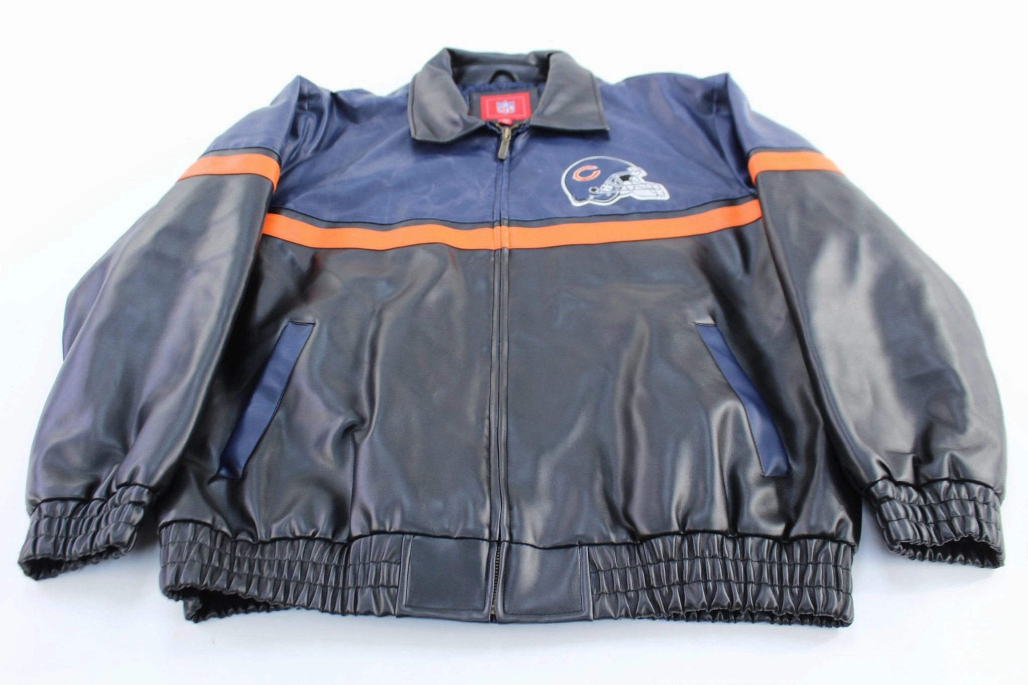 Chicago Bears Football Embroidered Leather Zip Up Jacket Benchmark