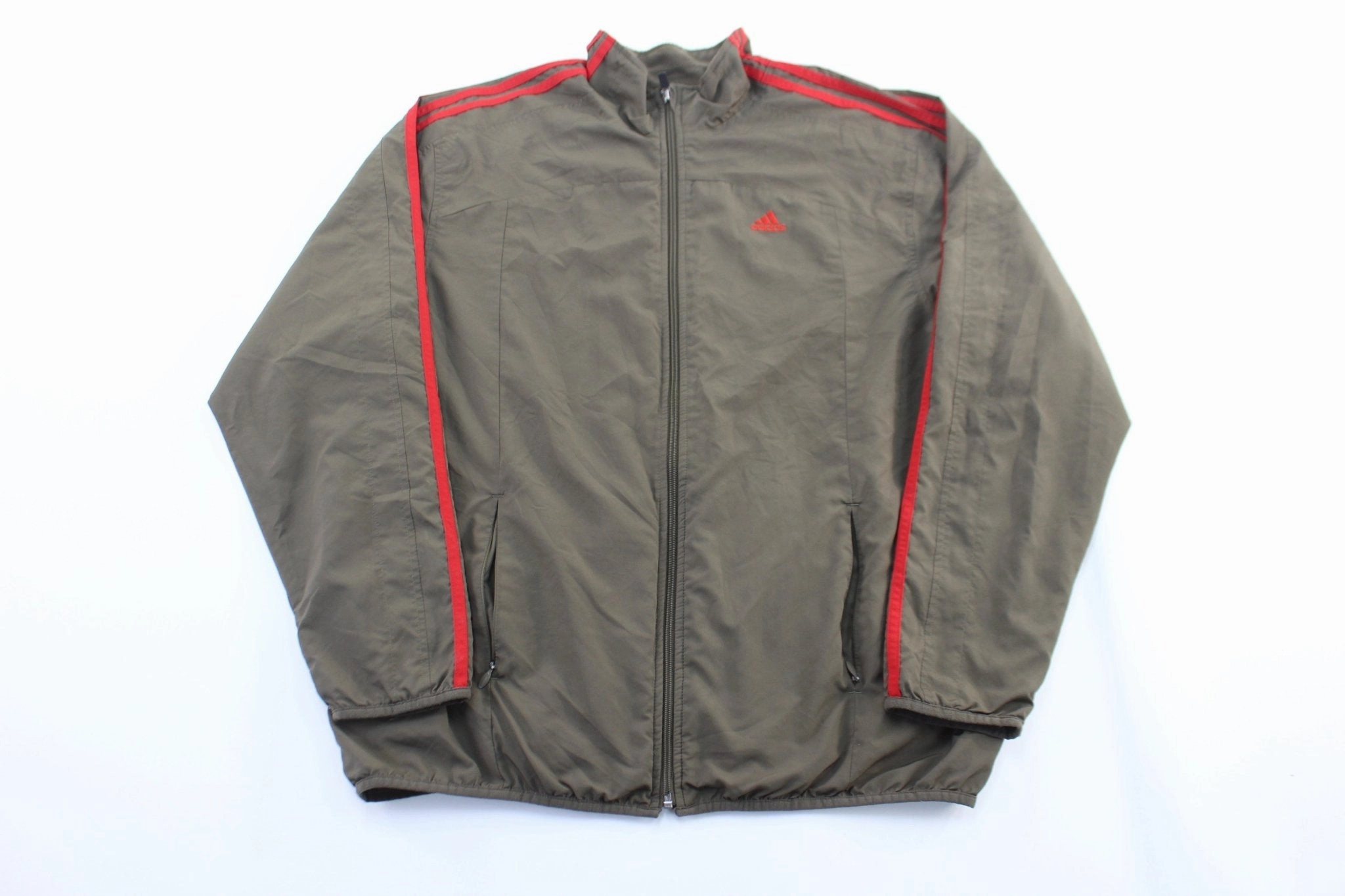 Discuss Adidas Embroidered Logo Red & Green Striped Zip Up Jacket