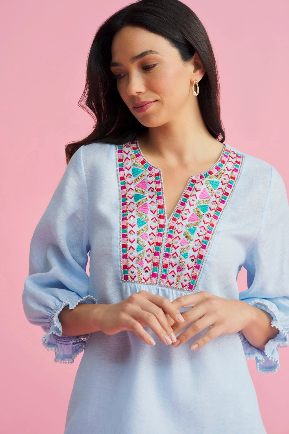 Embellished Tunic - Aqua Cross Dye Mesh Panel Details casual top