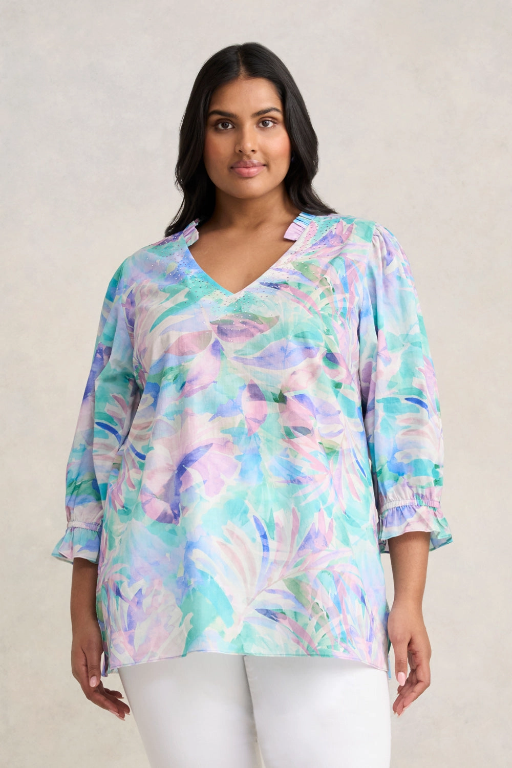 BondedSeamTechnology Embellished Cotton Kaftan - Watercolour Palm