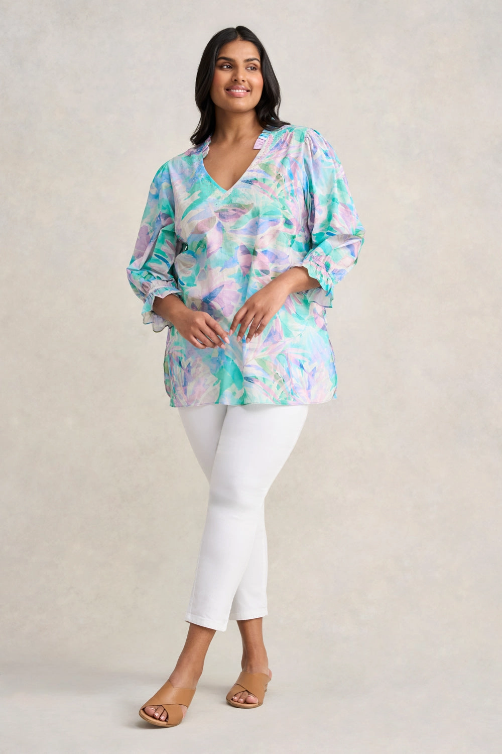EasyClean Summer Polo Embellished Cotton Kaftan - Watercolour Palm