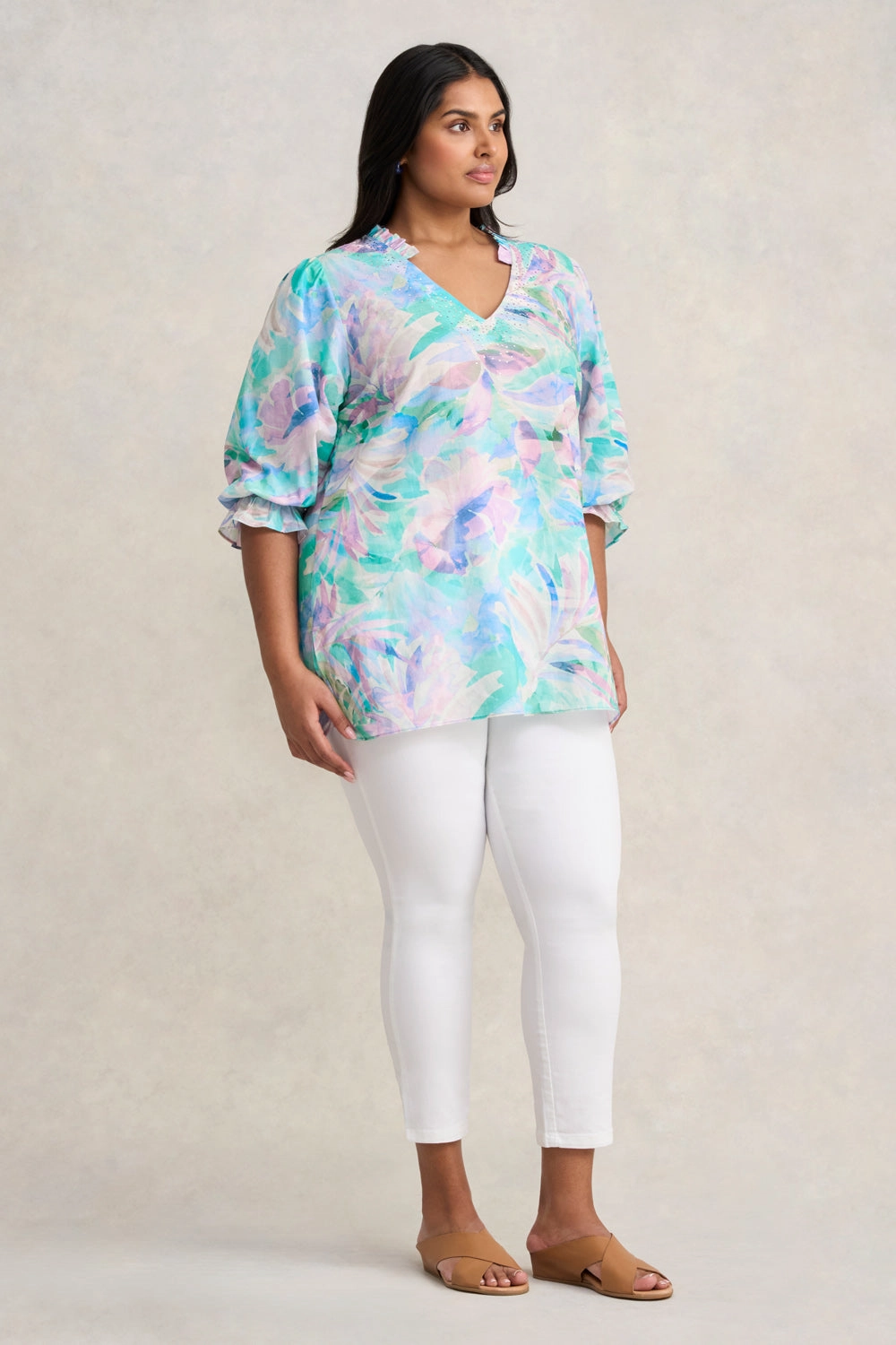 ElasticEdgeBinding Roll Up Sleeve Design Embellished Cotton Kaftan - Watercolour Palm