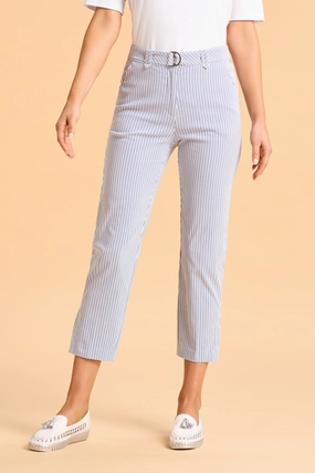 Seersucker Stripe Capri Pant - Navy & White Stripe Day Hike Breathable Weave Fabric