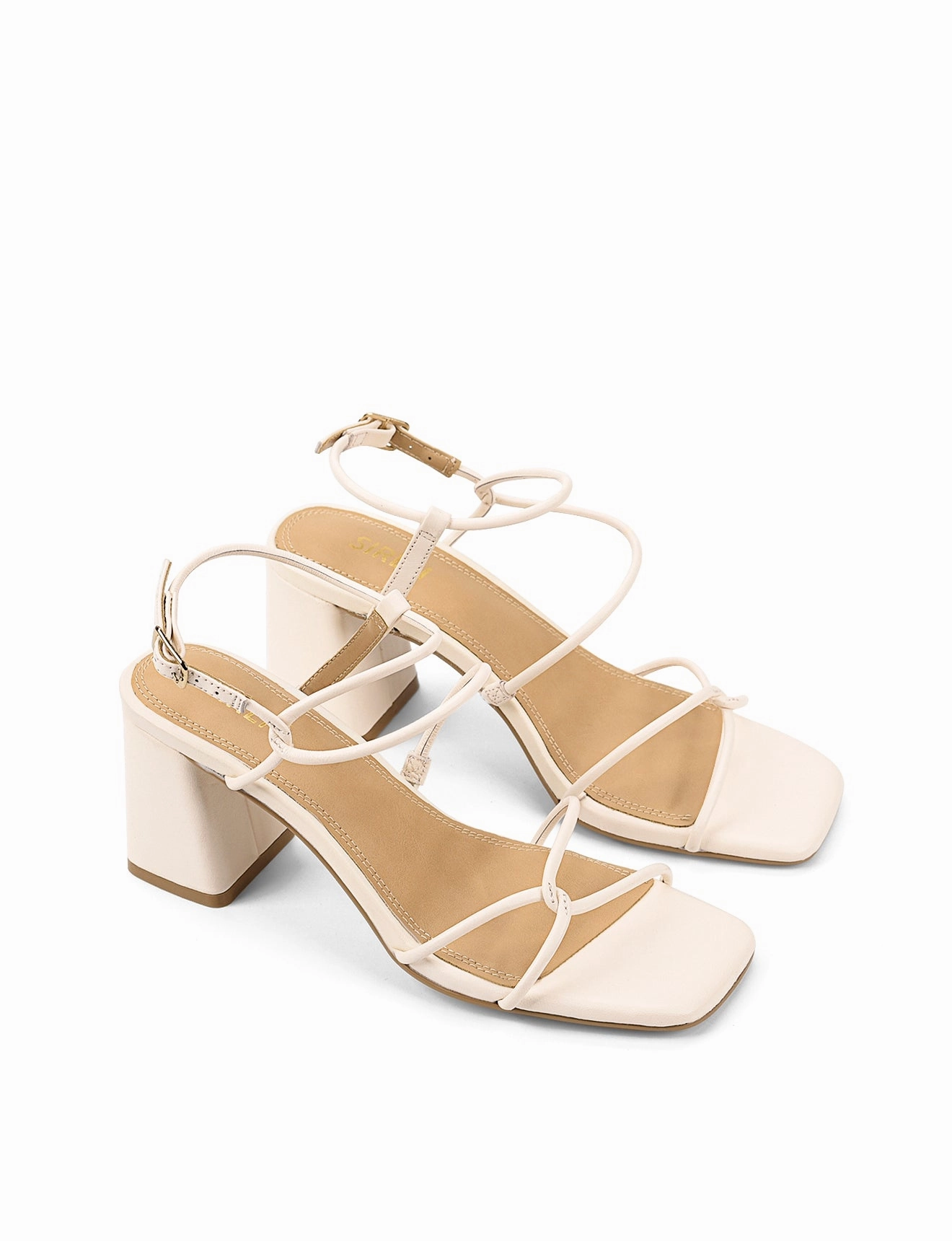 Strike Strappy Block Heels - Cream White Leather Light Travel Family Day
