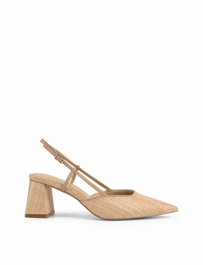 Yasmine Slingback Heels - Almond Leather & Natural Raffia Fall Cool Chic Twist