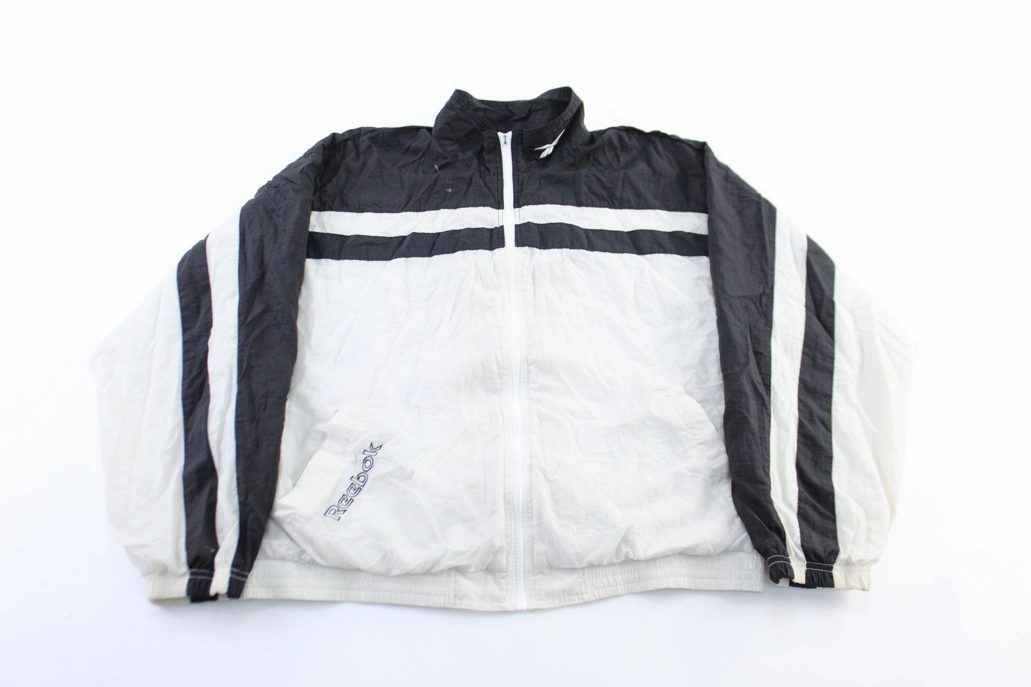 Price Luxury Vintage Reebok Embroidered Logo Black & White Striped Zip Up Jacket