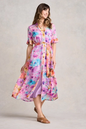 Spliced Print Shirt Dress - Janes Bouquet Cap-Sleeve Special-Occasion