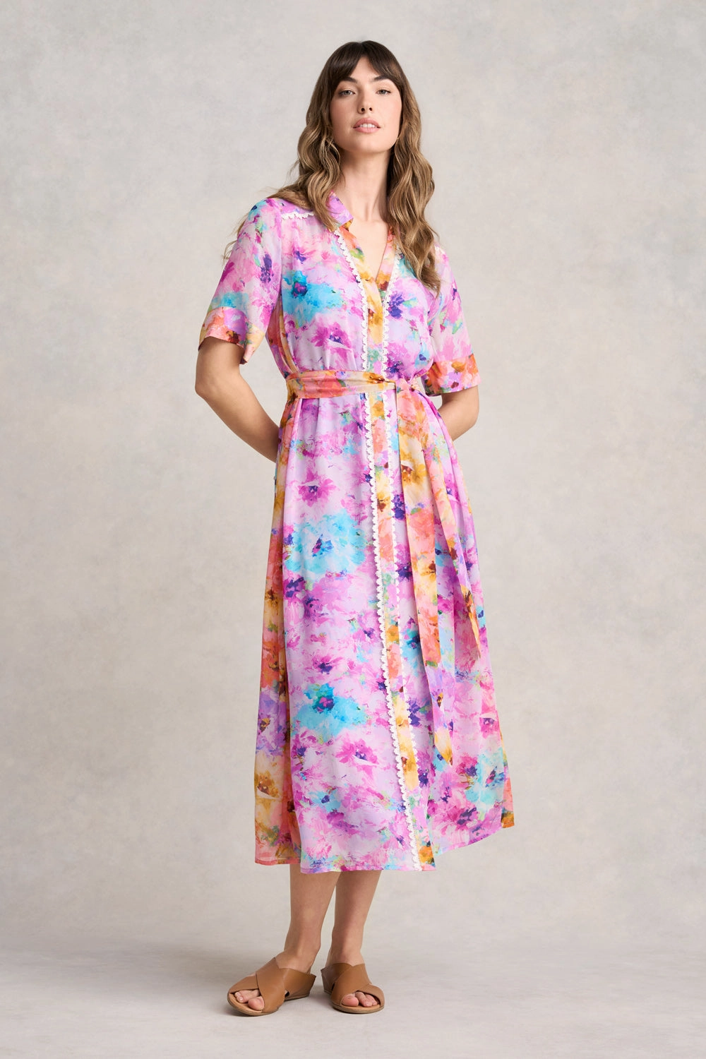 Spliced Print Shirt Dress - Janes Bouquet Chic Waist Design Loose Flow