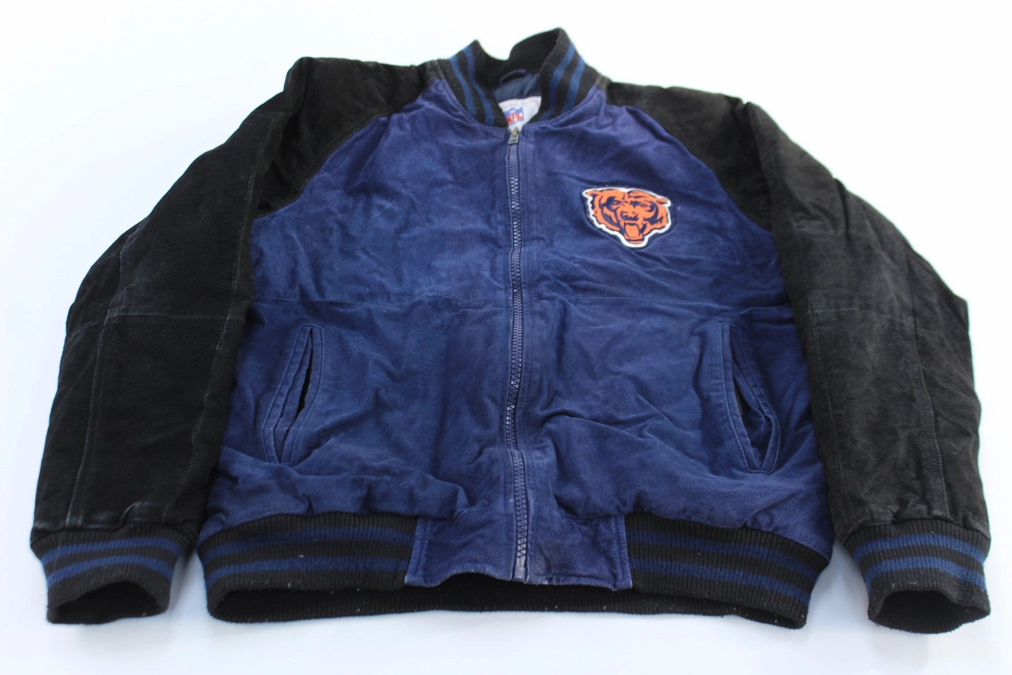 Chicago Bears Football Embroidered Suede Zip Up Jacket Awareness Unwind